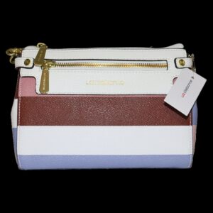 Colorful striped handbag featuring pink, brown, white, and light blue sections