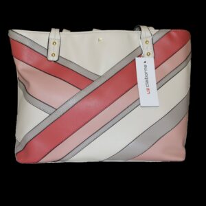 Stylish Liz Claiborne tote bag featuring a cream base with bold diagonal stripes in pink
