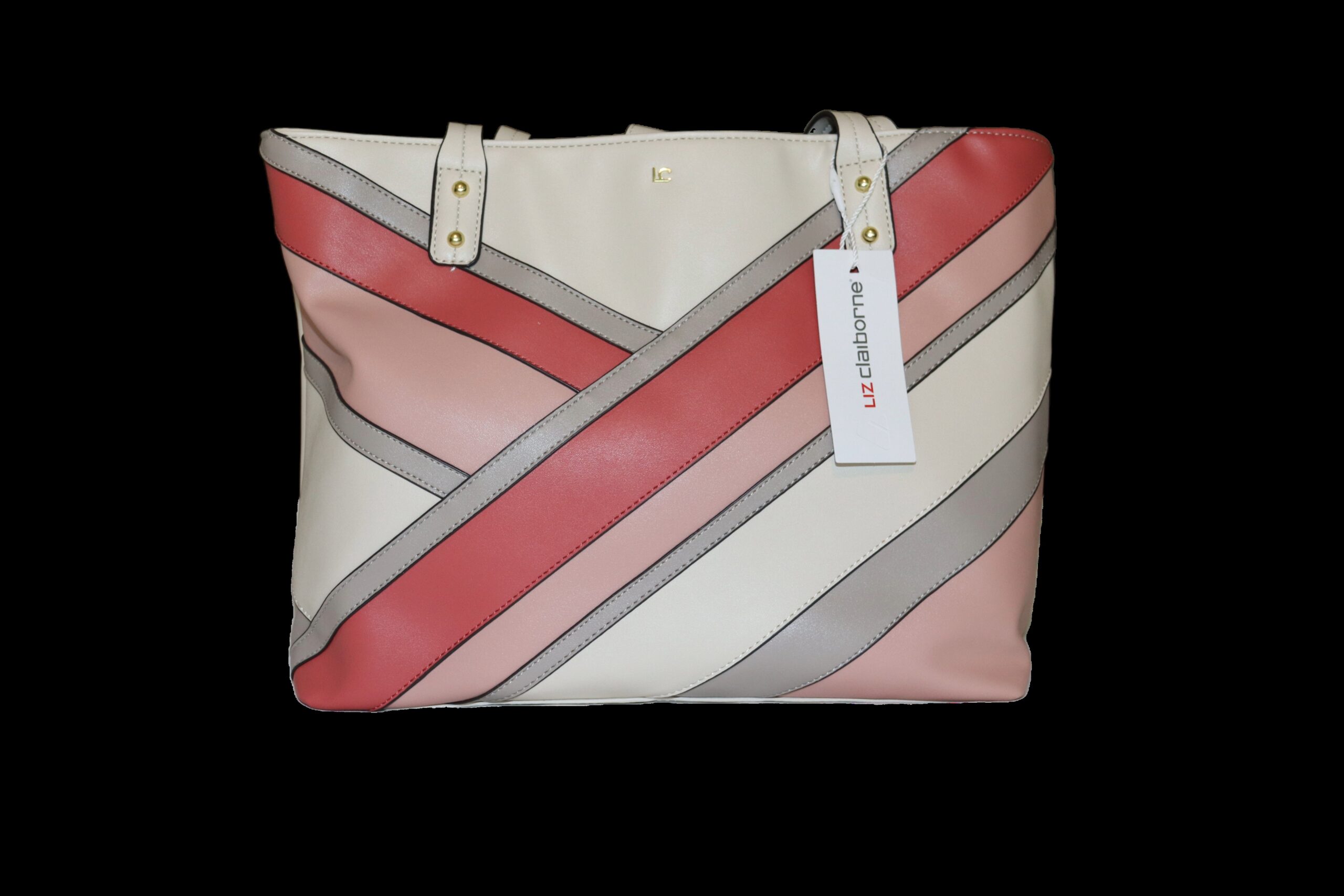 Stylish Liz Claiborne tote bag featuring a cream base with bold diagonal stripes in pink