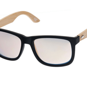 Stylish sunglasses featuring a black frame and wooden arms