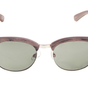 Stylish sunglasses feature a unique wooden frame with dark lenses