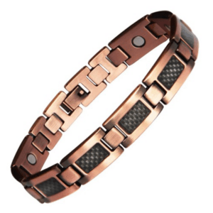 Copper bracelet with carbon fiber accents, showcasing a sleek, modern design